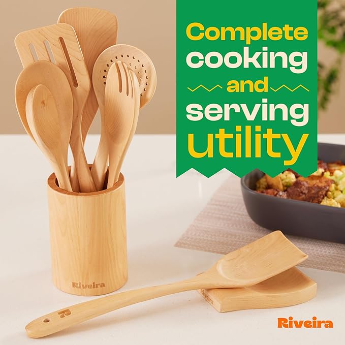 Riveira Maple Wooden Spoons for Cooking Set of 9 – Natural Maple Wooden Cooking Utensils, Wooden Spatula, Wooden Spoon - Premium Quality Wooden Utensil Set for Non-Toxic Cooking