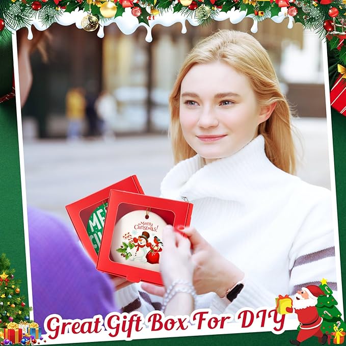 50 Pcs Sublimation Ornament Blanks Box 3.6"x3.6"x0.7" Christmas Ornaments Holder Ceramic Discs Packaging Box with Window for Personalized Xmas Tree Blanks Bulk (Red)