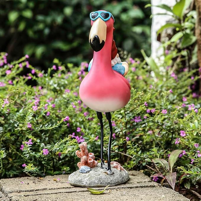 Gnome Garden Statue Funny Gnome Reclining on Flamingo Dwarf Figurines Resin Garden Gnomes Fall Decorations Outdoor for Patio Yard Lawn Porch Housewarming Ornament Gift