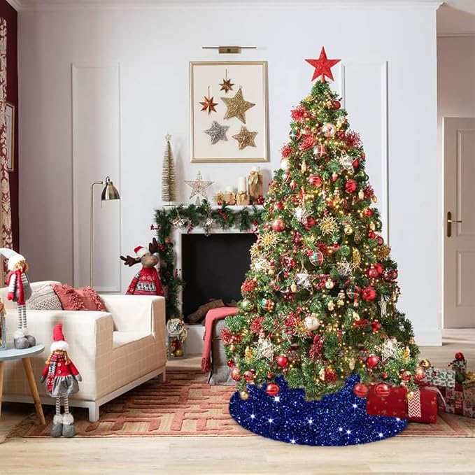 MODFUNS Blue Christmas Tree Skirt 46 Inches Sequin Xmas Tree Skirt Sparkly Tree Mat Round Velvet Tree Skirts Christmas Ornaments Halloween Tree Cover Skirt for Family Embroidery Metallic Tree Base Mat