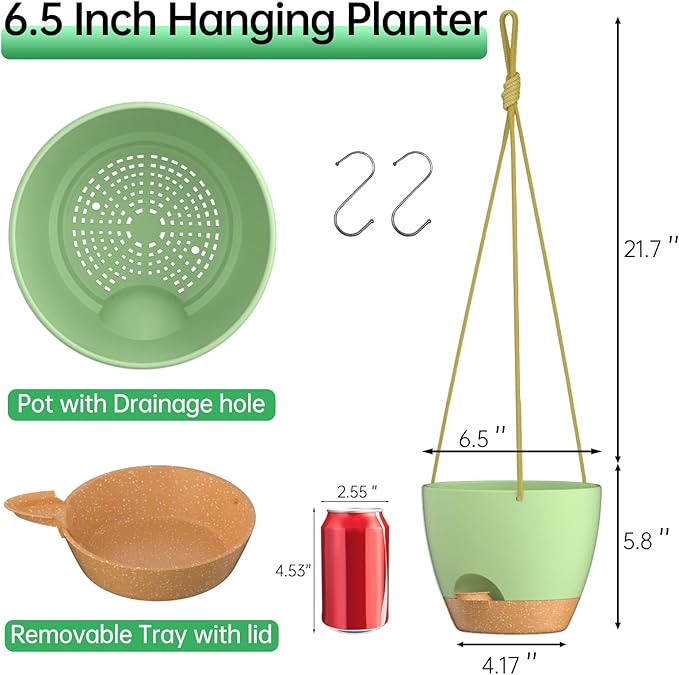 ZMTECH 6.5 Inch Hanging Planters for Indoor Outdoor Plants, 2 Pack Self Watering Hanging Plant Pots with Drainage Holes and Removable Saucer, Plastic Flower Hanging Pots with Watering Lip (Green)