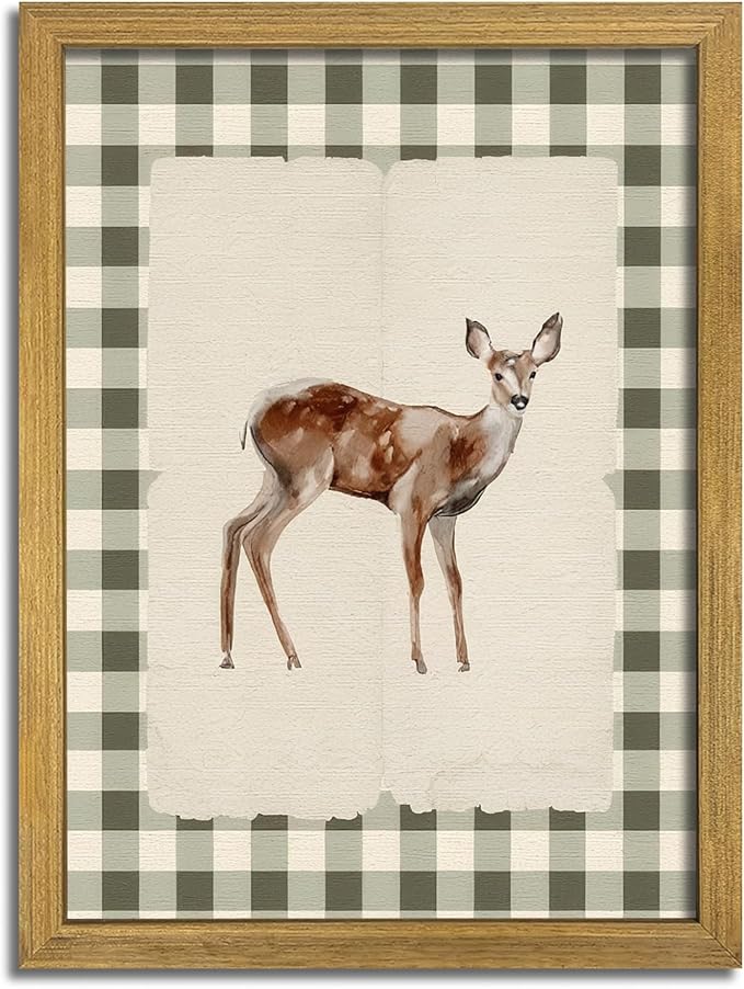 Wood Framed Deer Wall Art Print, Woodland Baby Deer Canvas Poster Wall Decor, Vintage Rustic Green Gingham Farmhouse Animal Picture for Living Room Kitchen Bedroom Nursery Decor, 8x10 inch