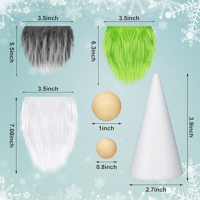 60 Pcs Gnomes Beard Sets Faux Fur Pre Cut Gnomes Beard Foam Cone Foam Handmade Wood Balls for Halloween Christmas Day Crafts(White, Green, Gray)