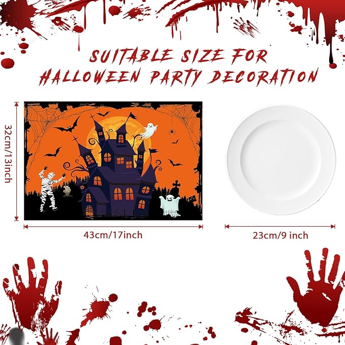 Plastic Placemats Set of 6 Halloween Table Mats - Trick or Treat Kitchen Decor - Wipe Clean, Washable, Recyclable - Orange Place Mats for Indoor/Outdoor - Heat Resistant - Kitchen/Dining Table