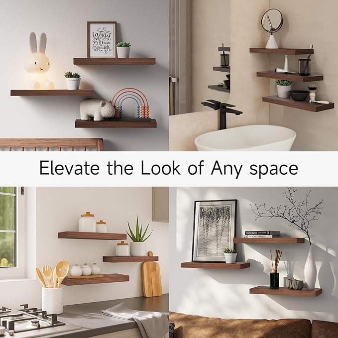 BAYKA Floating Shelves for Wall, Wall Mounted Rustic Wood Shelves for Bathroom, Bedroom, Living Room, Kitchen,Small Hanging Shelf for Books/Storage/Room Decor (Walnut-Like, Set of 3, 15.7in)