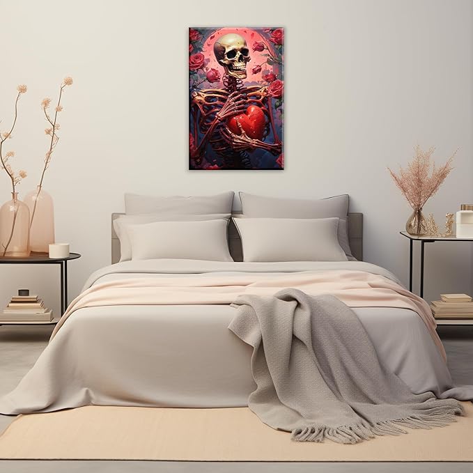 OAAPITI Skull Skeleton Canvas Wall Art Skull Holding Heart Picture Print Romantic Theme Painting Artwork Gothic Poster Wall Decor Living Room Halloween Decor(Artwork-1,28"x42")