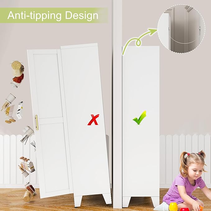 Metal Pantry Cabinet, Kitchen Pantry Storage Cabinets with 2 Door and 3 Adjustable Shelves, White Kitchen Pantry Cabinet, Freestanding Cupboard for Dining Room Living Room Bathroom