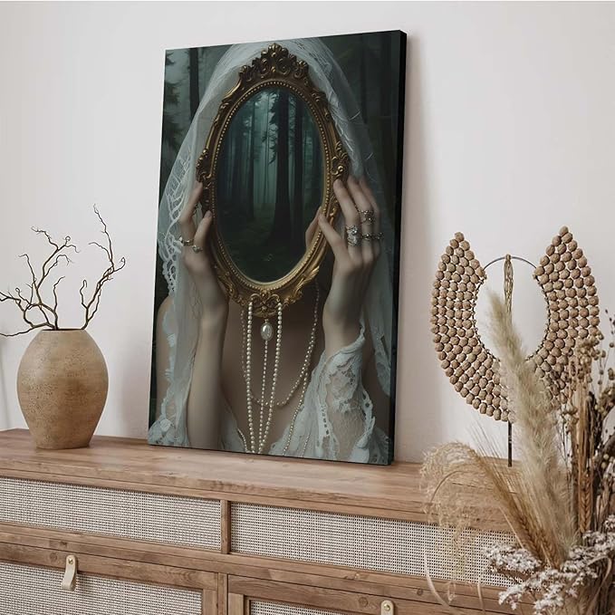 Mirror face covering dark art poster print melancholy gothic painting vintage feminine print victorian style decoration antique art28x40in Wood Framed