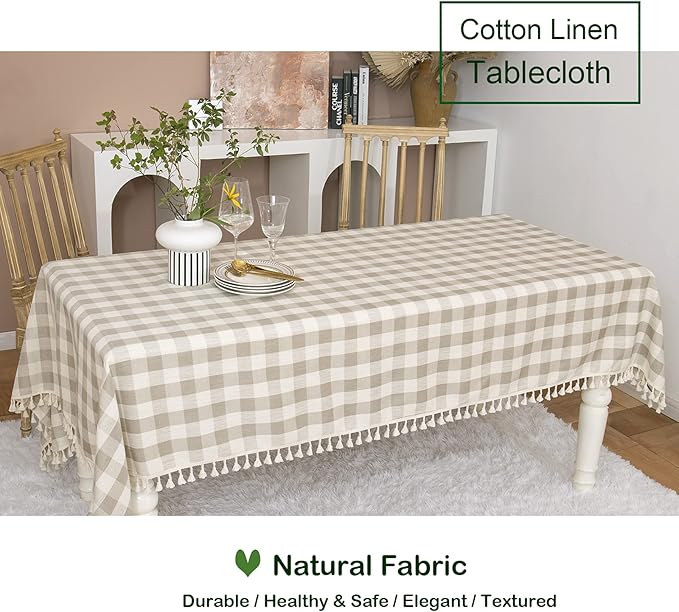 Rustic Checkered Tablecloth, Cotton Gingham Rectangle Table Cloths for Kitchen Dining Restaurant Farmhouse Thanksgiving Christmas Decor (55x84”,Gray Khaki)