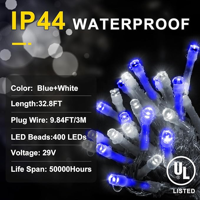 KNONEW Christmas Lights Outdoor Decorations 400 LED 33ft Curtain Fairy String Light with 75 Drops(Blue and White)