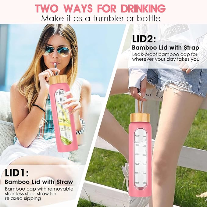 32 oz Glass Water Bottle with Straw - Motivational Time Marker & Silicone Sleeve - Reusable Tumbler Includes 2 Bamboo Lids & Fruit Infuser - 1 Pack