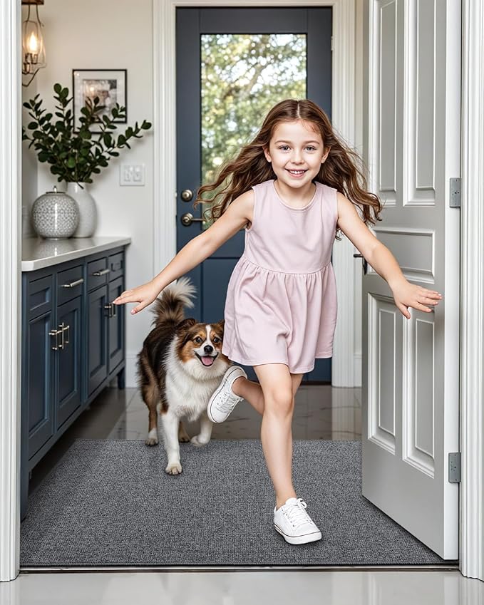 LUMI Indoor Door Mat 17"x30", Ultra Thin Low Profile Non-Slip Doormat for Home Entrance, Absorbent & Stain-Resistant Welcome Mats, Washable Entryway Mat for Front Door, Patio, Porch, Grey
