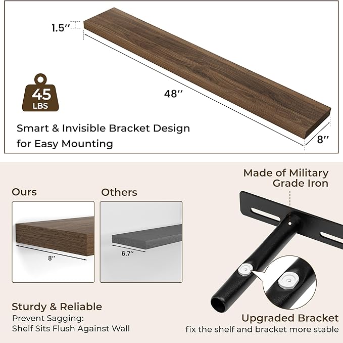 RICHFOCUS 48Inch Floating Shelves for Wall 1 Pack Shelves for Bedroom|Kitchen|Bathroom Wall Mounted Rustic Wood Floating Shelf with Invisible Brackets for Books|Storage|Decor, Walnut