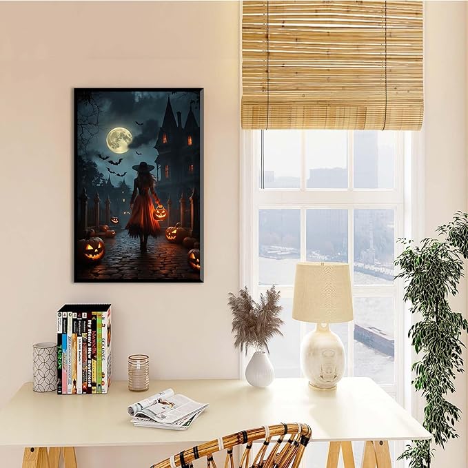 JFHCQJPK Halloween theme poster moonlit autumn night witch vintage poster art print dark college style gothic painting canvas wall decoration bedroom living room ideal gift24x36in Metal blackFramed