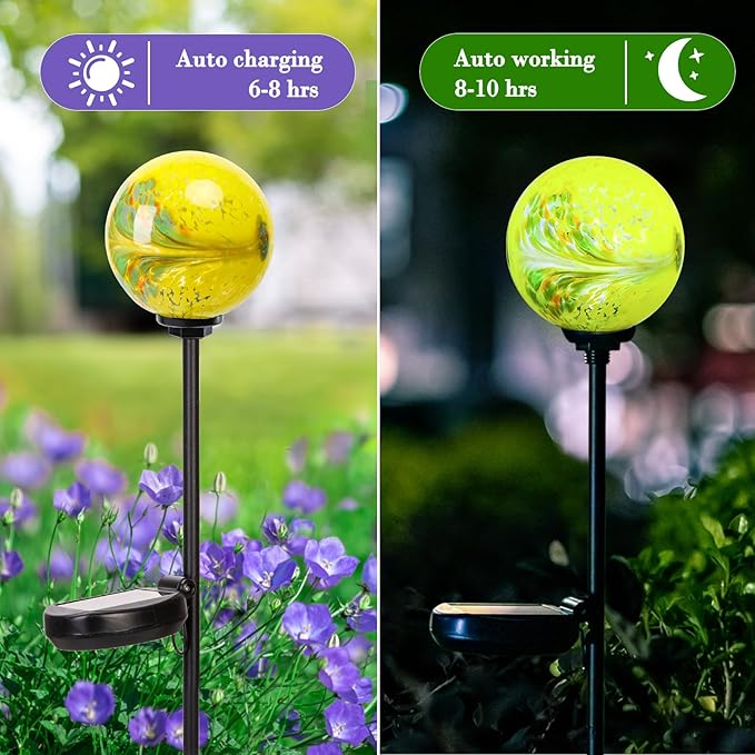 Solar Lights Outdoor Decorative Solar Outdoor Decorative Glass Ball Stakes Waterproof Garden Stake Glass LED Garden Globe Lights for Pathway Yard Lawn Decoration Yellow