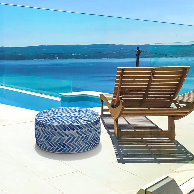 LVTXIII Indoor/Outdoor Inflatable Ottoman, All Weather Round Footrest Stool D21”x H9”, Portable for Patio Garden Camping or Home-Blue Bricks
