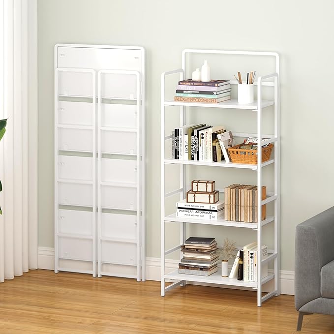 4NM No Assembly Foldable Bookshelf, 4-Shelf Collapsible Bookcase Storage for Small Spaces, 54" H, All White