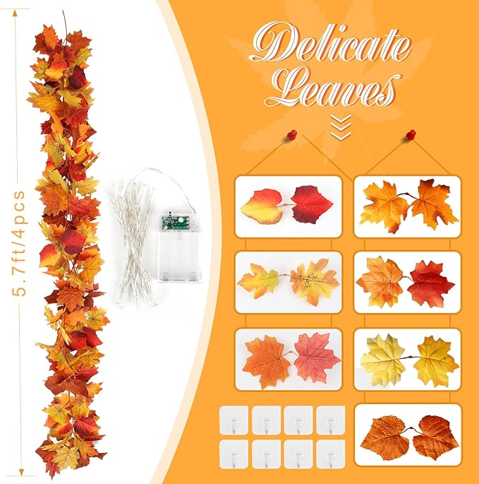 Joyhalo 4 Pack Fall Garland with Lights, Fall Leaves for Mantle, Outdoor Lighted Up Leaf Garland Autumn Decor with 6.5FT LED String Lights, Hanging Maple Leaves for Door, Thanksgiving Decor