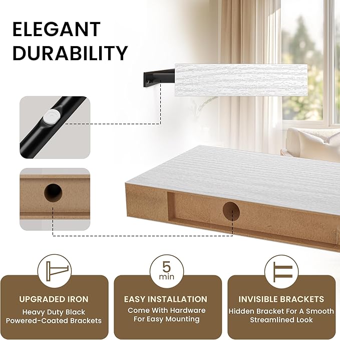 Floating Shelves for Wall,48" W x 9.3" D x 1.5" H, Wooden Wall Mounted Display Shelves with Invisible Brackets for Living Room, Bedroom, Bathroom, Kitchen Decor and Storage, Set of 1, White