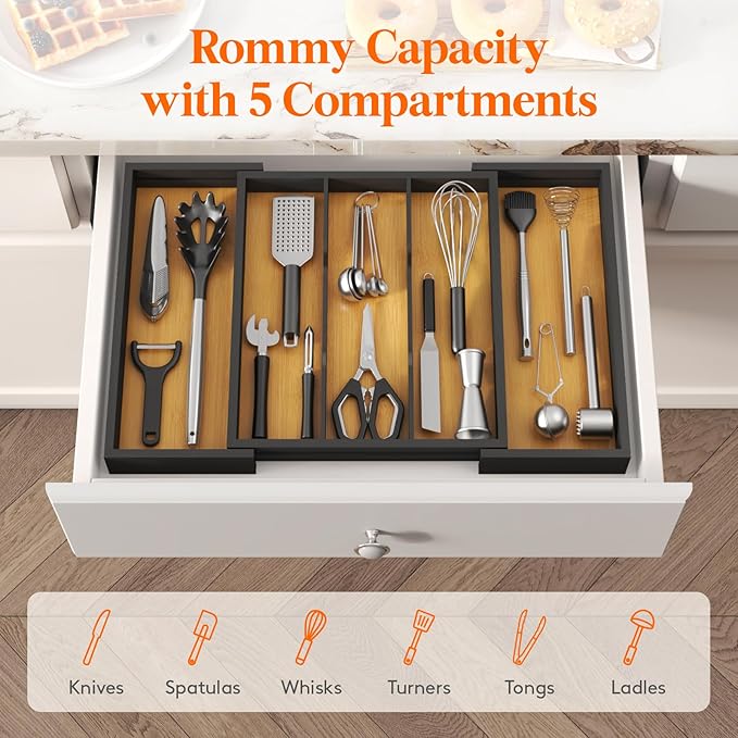 Lifewit Utensil Organizer for Kitchen Drawer, Bamboo Cooking Utensil Tray, Expandable Cutlery Silverware Flatware Holder, Adjustable Spatula Tools Gadgets Storage Divider, Large, Natural and Black