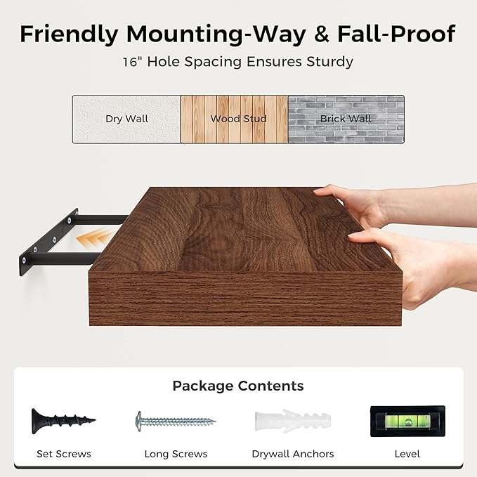 12 Inch Deep Floating Shelves, 24 x 12 Floating Shelf for Books, Rustic Wood Deep Wall Shelves for Home Storage & Display, 2" Thicked Shelves for Kitchen, Living Room, Bedroom, Walnut Color, 2 Pack