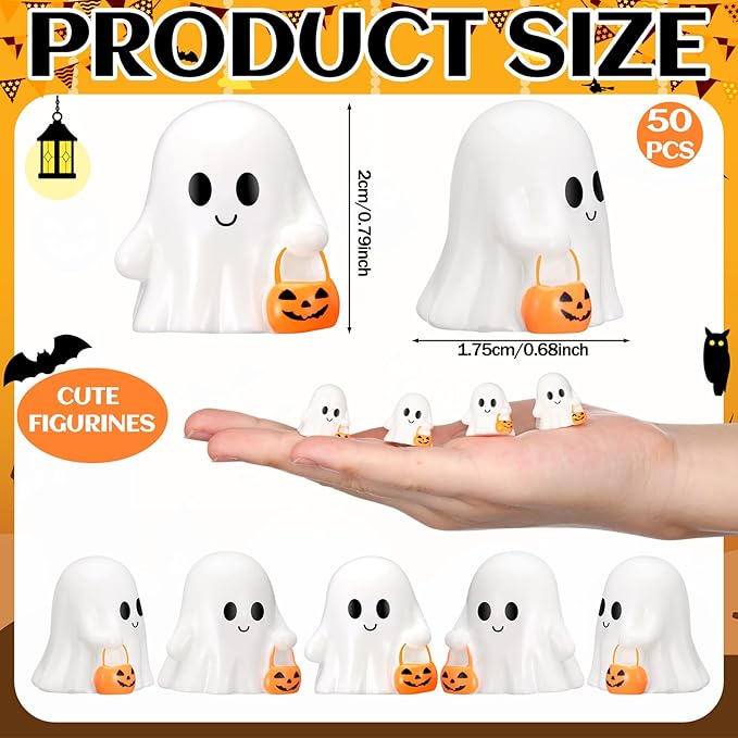 50 Pcs Halloween Mini Ghosts Figurines Resin Tiny Ghosts Miniatures Figures Ornaments for Halloween Party Outdoor Home Garden Decoration