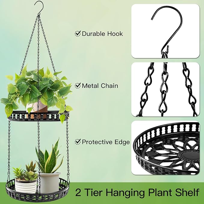 Plant Hanger Indoor Outdoor, 2 Tier Hanging Planter Hanging Plant Shelf, Metal Hanging Plant Holder for Indoor Outdoor Plants