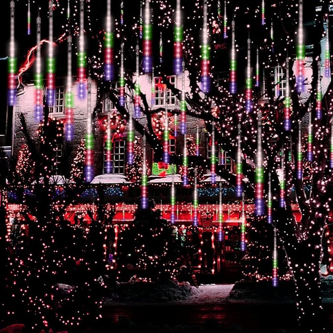 Christmas Lights Outdoor Tree Cascading Icicle Lights 12 inch 8 Tubes Shooting Star Waterfall Meteor Shower Falling Rain Light for Holiday Decorations Wedding Party New Year (Multi Color)