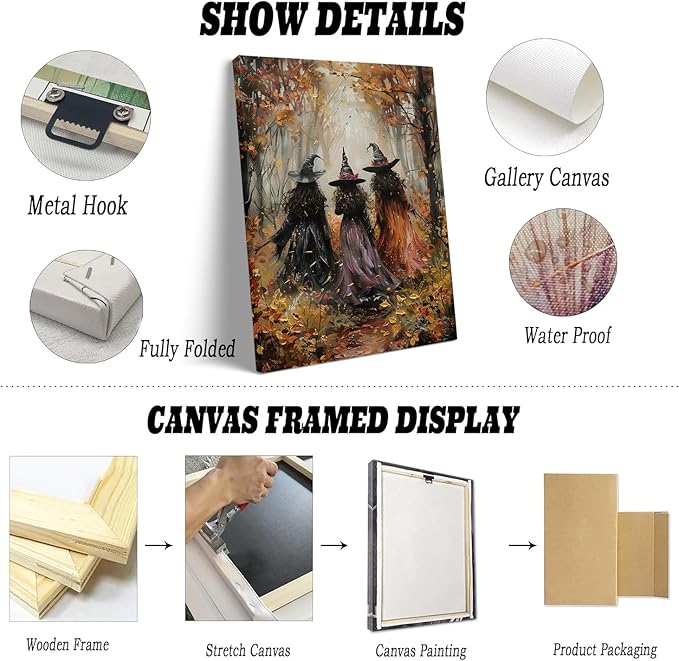 Vintage Three Witches In The Forest Painting Witch Print Witchy Canvas Print Halloween Wall Art Halloween Decor Witch Poster Dark Academia Gothic Room Decor for Bedroom 24x36in Large Frame Wall Art