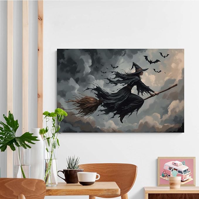 Witch and bat flying Halloween poster suitable for home party wall decoration retro Halloween preppy style wall art canvas print suitable for room decoration28x40in Wood Framed
