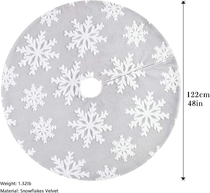 48inch Christmas Tree Skirt Tree Blanket, Large Luxury Soft Carpet 4ft Xmas Tree Blanket with 3D Large Snowflakes Grey Faux Fur Carpet for Christmas Holidays Decoration Party