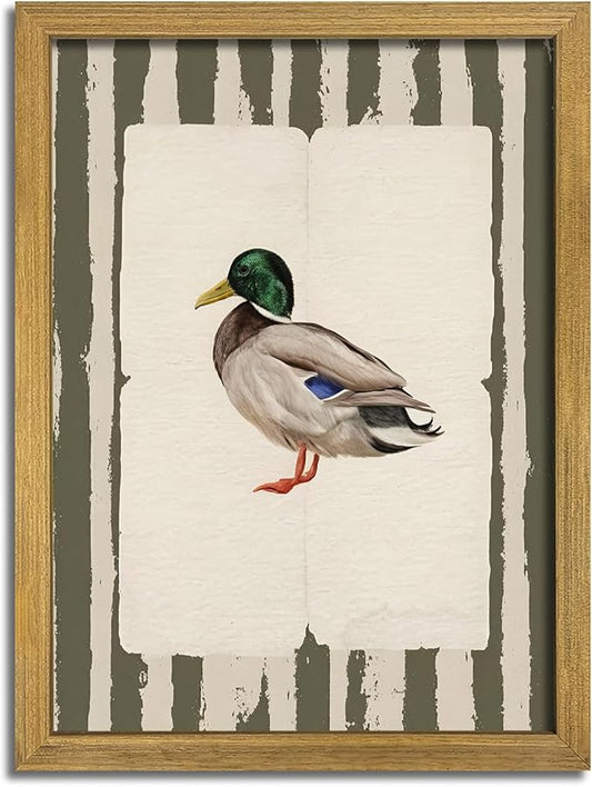 Vintage Framed Duck Wall Art Print, Rustic Mallard Bird Illustration Canvas Poster, Cottagecore Animal Artwork, Farmhouse Nature Wall Decor for Living Room Kitchen Bathroom Bedroom 16x24 inch