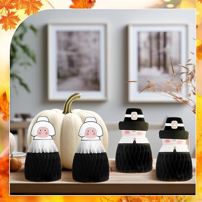 6 Pcs Fall Centerpiece Table Decorations Pilgrimage Couple Centerpiece Thanksgiving Table Decor 3D Paper Pilgrim Honeycomb Standing Decorations for Autumn Harvest Party Kitchen Home Decor