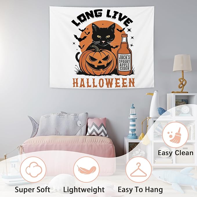 NATSUNO Halloween Tapestry, Long Live Halloween Wall Tapestry for Bedroom, Trendy Black Cat Pumpkin Apple Cider and Bats Tapestries Wall Hanging for Home Living Room Decor, 50x60 Inches