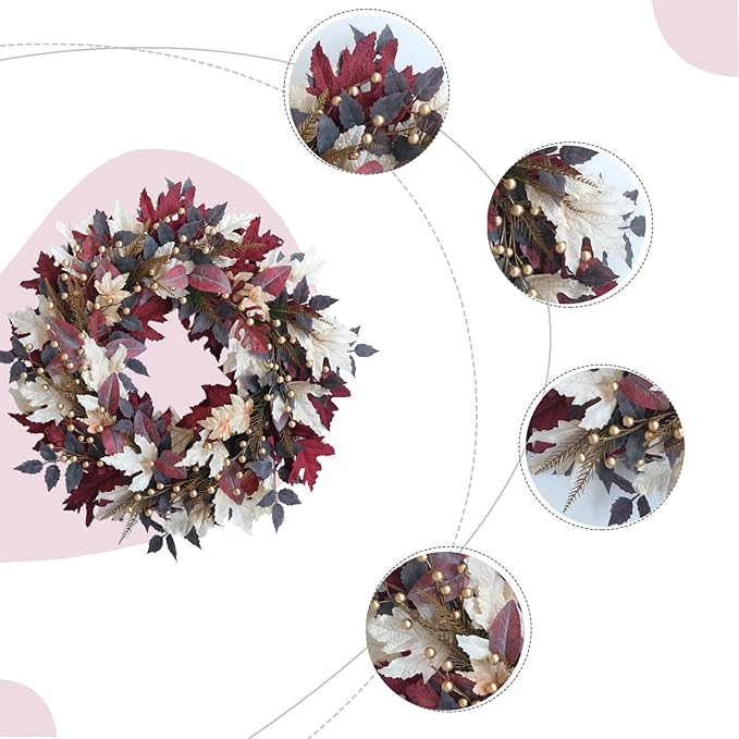 Maple Leaves Pearl Fall Wreaths- 22 Inch Autumn Wreath with Gold Pearl Accents & Grapevine Base, Farmhouse Style for Front Door Wreaths for Thanksgiving Harvest Indoors/Outdoors