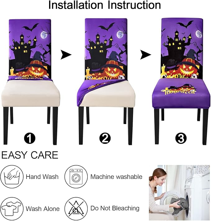 JQinHome Purple Halloween Chair Slipcover, Castle Chair Covers Set of 6, High Stretch Washable Chair Protector Cover for Dining Room, Kitchen,Home Party,Wedding Ceremony(Purple,6PC)