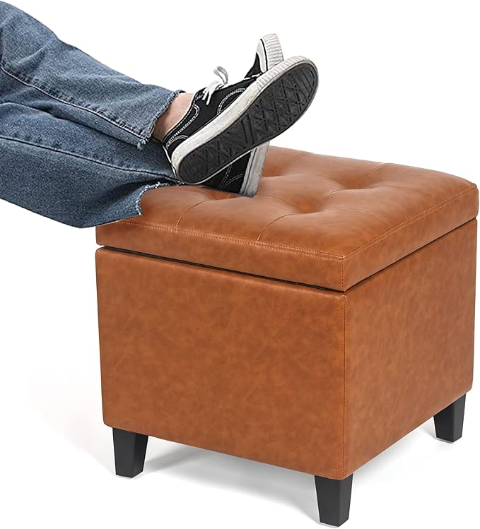Adeco 17.7" Leather Cube Storage Orange Ottomans for Living Room