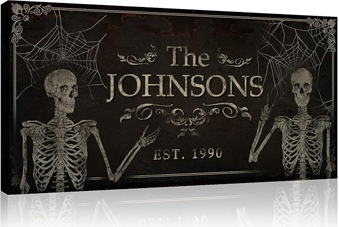 Tailored Canvases Gothic Family Wall Decor - Personalized Grunge Vintage Skeleton Room Decor for Home, Halloween Lovers, Men & Women for Bedroom, Living Room - Goth Spooky, Custom Couple Name, 20"x10"