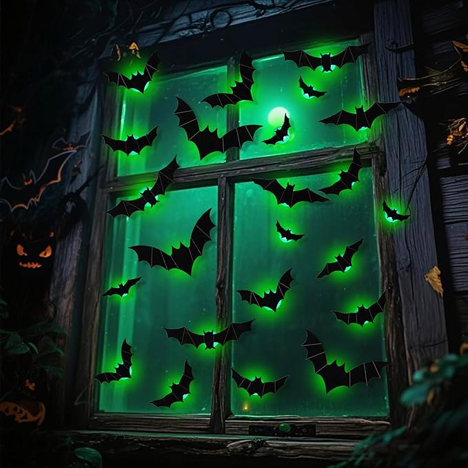 DR.DUDU 36 Pack Bats Halloween Decorations- Light Up Bat Wall Stickers with Green LED, 3D Removable Window Decals for Indoor/Outdoor, Bathroom, Door, Home, Bedroom Halloween Party