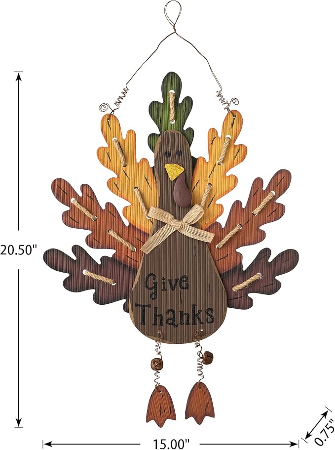 Glitzhome 20.67" H Wooden Turkey Wall Sign, Thanksgiving Front Door Wall Hanging Decor for Indoor Outdoor Thanksgiving Fall Harvest Decoration