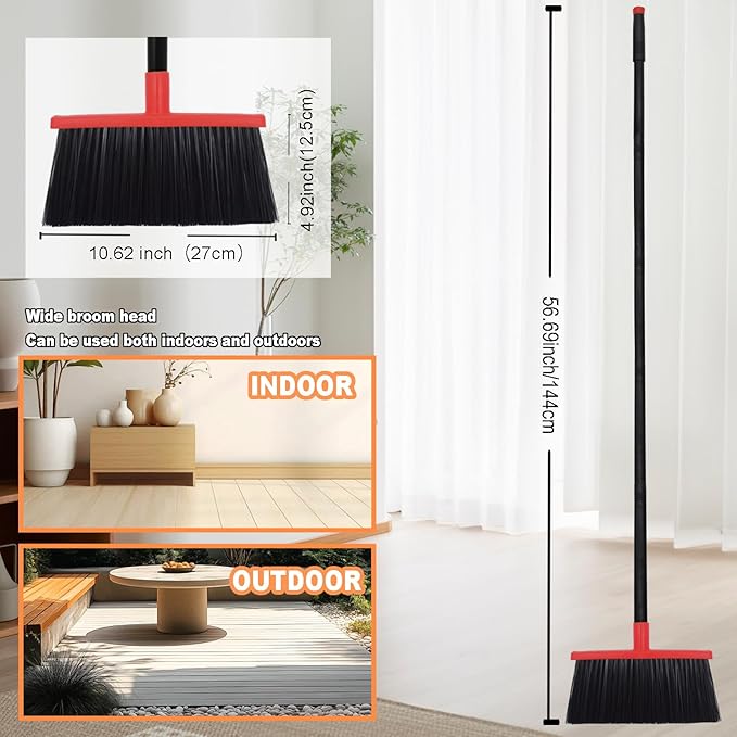 Small Broom Stiff Bristles Brush with Long Handle Indoor or Outdoor Compact Broom for Sweeping Patio Garage Garden,Deck,Concrete Floor,Bathroom (Red)