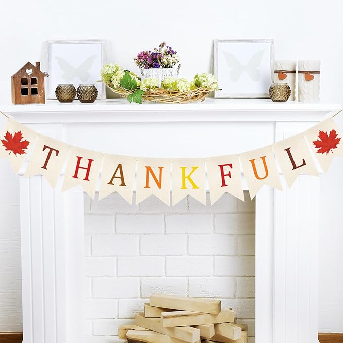Doumeny Thankful Burlap Banner Fall Thanksgiving Banner Garland Autumn Maple Leaves Bunting Garland Thanksgiving Party Hanging Flag Harvest Bunting Flag for Home Wall Mantel Fireplace Farmhouse Decor