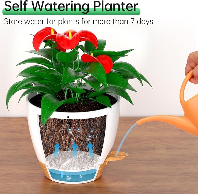 ZMTECH 8 Inch Hanging Planters for Indoor Outdoor Plants, 2 Pack Self Watering Hanging Plant Pots with Drainage Holes and Removable Saucer, Plastic Flower Hanging Pots with Watering Lip (White)