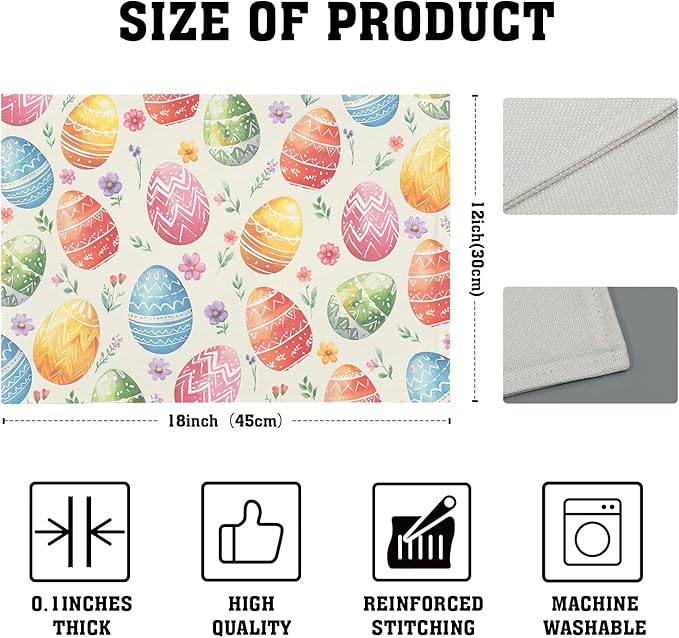 Easter Placemats Set of 4 Spring Colorful Easter Egg Floral Washable Non-Slip Heat Resistant Place Mats 12x18 Inch Rustic Linen Table Mats for Kitchen Dining Party Decor