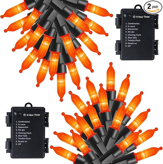 WATERGLIDE 2 Pack 50 LED Outdoor Halloween Lights, 16 FT Mini String Light with 8 Modes, Waterproof Battery Operated Tree Lights for Indoor Outdoor Patio Garden Party Wedding Decoration, Orange