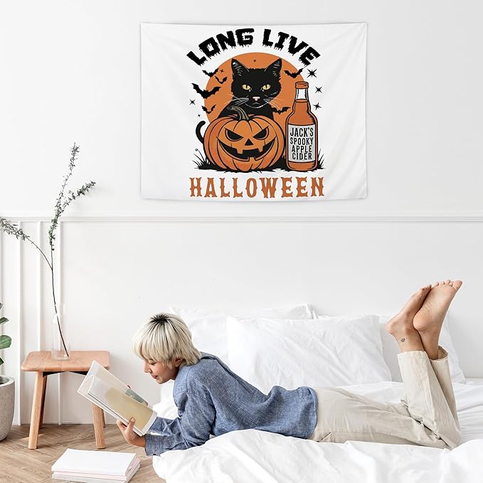 NATSUNO Halloween Tapestry, Long Live Halloween Wall Tapestry for Bedroom, Trendy Black Cat Pumpkin Apple Cider and Bats Tapestries Wall Hanging for Home Living Room Decor, 50x60 Inches