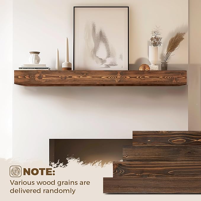 56x8x5 Fireplace Mantel - Handcrafted Hollow Rustic Solid Wood Wall Mounted Floating Shelf with Invisible Heavy Duty Wood Bracket (Weathered Brown)