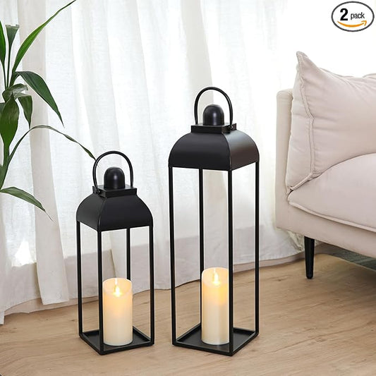 25'' 19'' Lanterns Decorative Outdoor Indoor, Black Metal Outdoor Candle Lanterns, Set of 2 Modern Farmhouse Decorative Lantern for Fireplace, Patio, Porch, Floor, Halloween Lantern (No Glass)