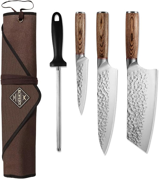 KOFERY 5PCS Chef and BBQ Knife Set with Roll Bag, High Carbon Stainless Steel Knives for Precise Cooking, Outdoor Meat Cutting(Include Sharpening Steel)