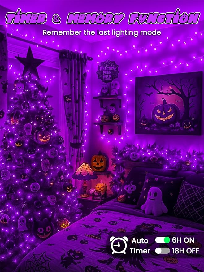 Halloween String Lights Battery Operated with Auto Timer, 33FT 100 LED Waterproof LED Purple String Lights with 8 Modes, Fairy Twinkle Light for Indoor & Outdoor Party Bedroom Halloween Decorations